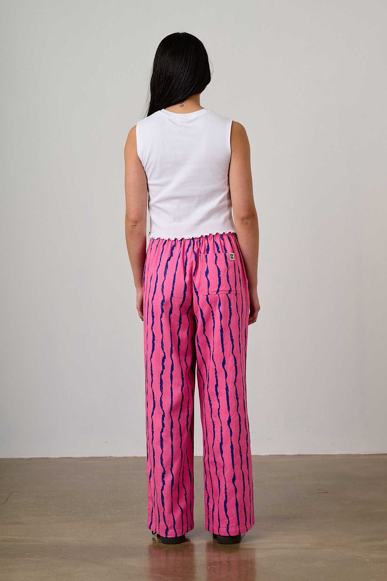 Norris - Wide Leg Cotton Trousers in Pink & Blue Wavy Stripe