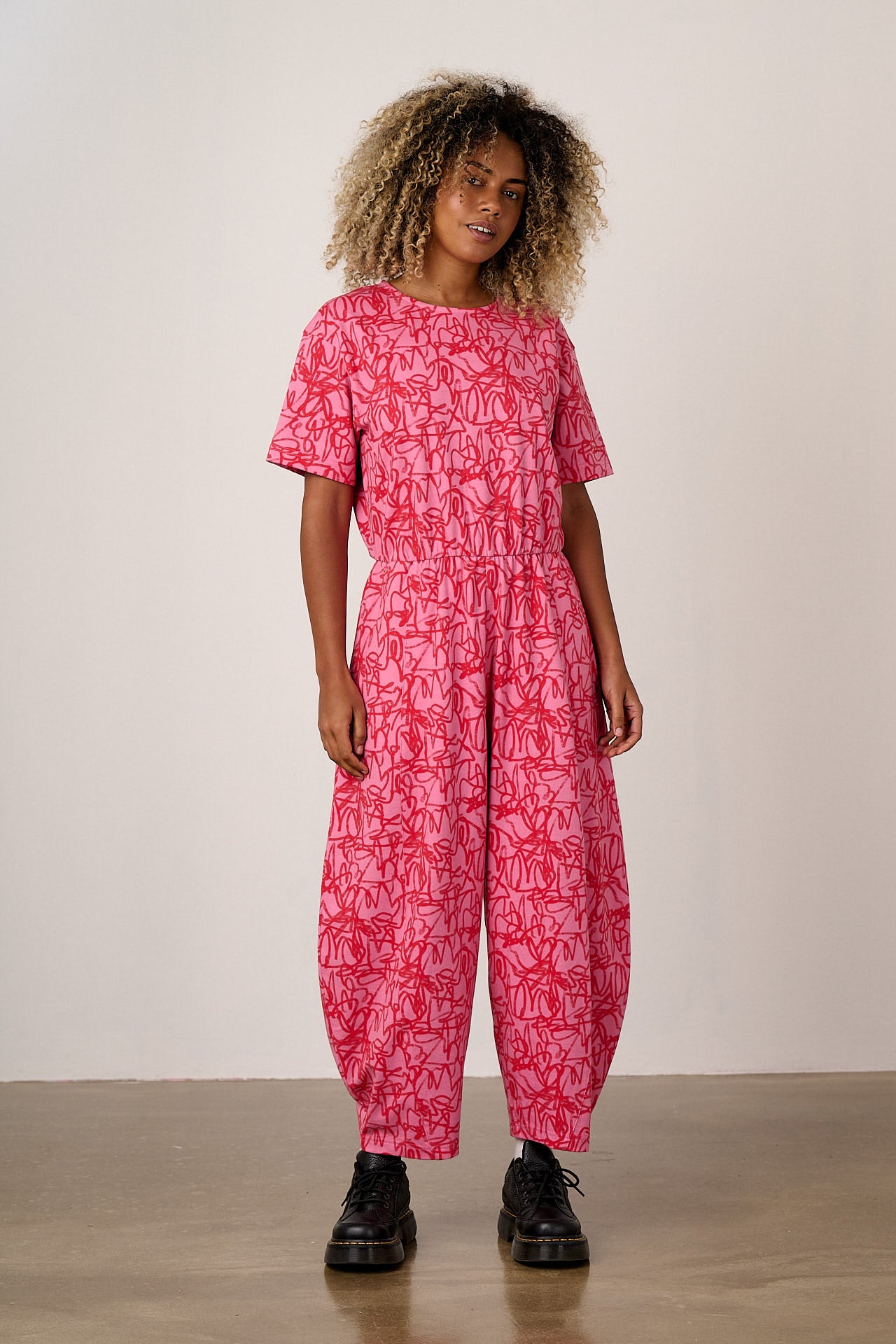 Nova - Barrel Leg Cotton Jersey Jumpsuit in Pink Graffiti