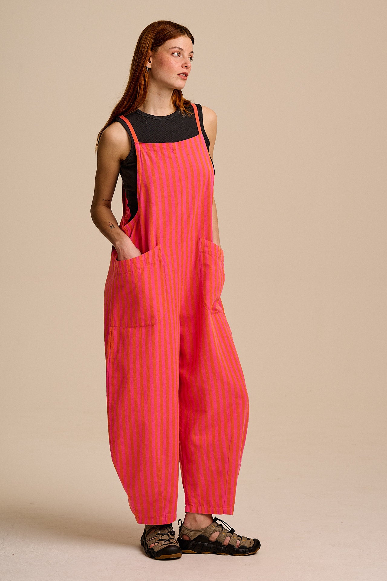 Oaxaca - Cotton Barrel Dungarees in Pink & Orange Stripe
