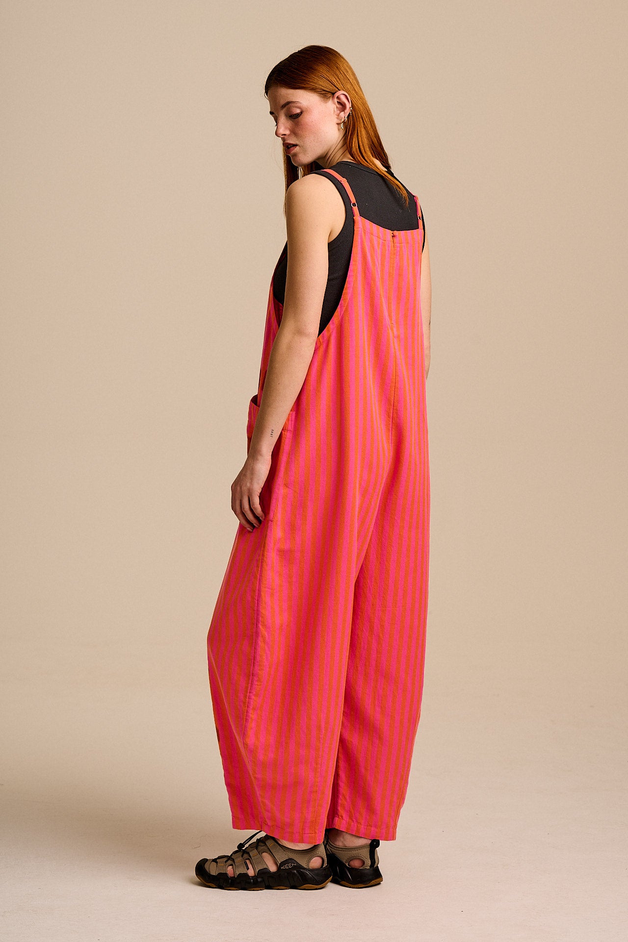 Oaxaca - Cotton Barrel Dungarees in Pink & Orange Stripe