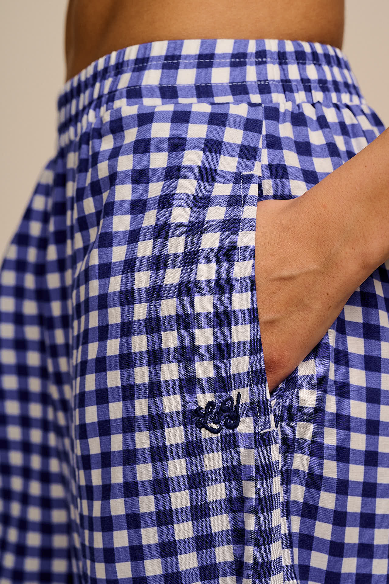 Obregon - Cotton & Viscose Barrel Leg Trousers in Blue Gingham Check