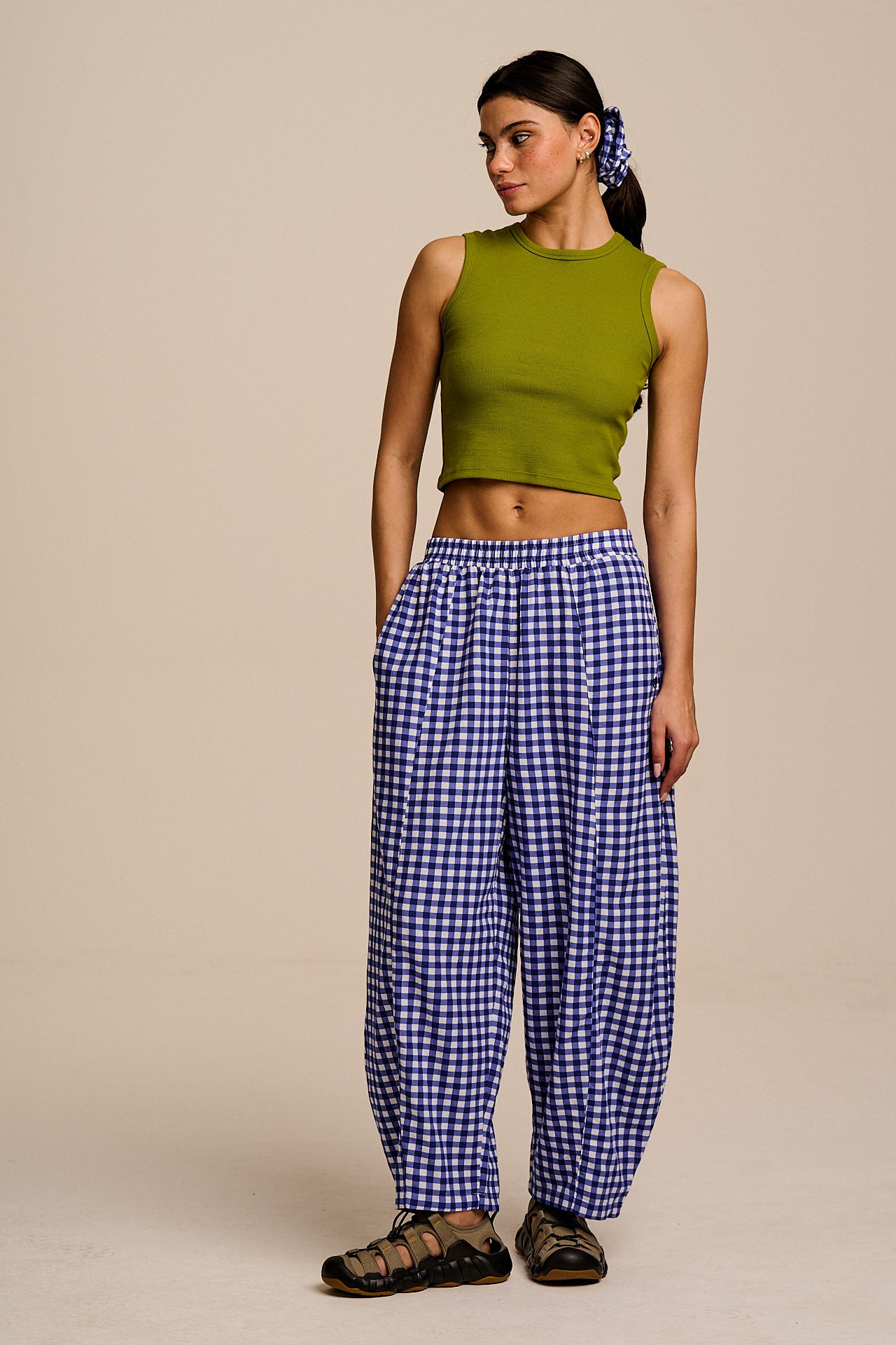 Obregon - Cotton & Viscose Barrel Leg Trousers in Blue Gingham Check