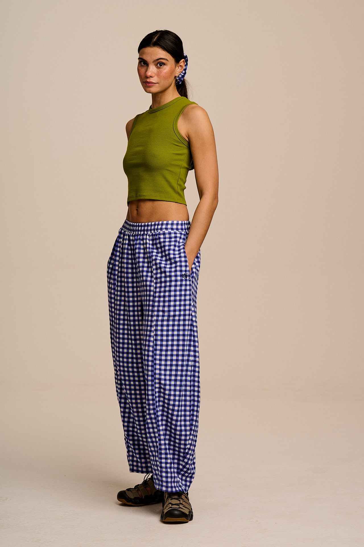 Obregon - Cotton & Viscose Barrel Leg Trousers in Blue Gingham Check