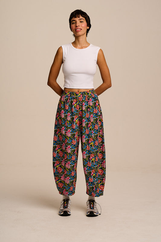 Obregon - Cotton & Viscose Barrel Leg Trousers in Blue Birdie Floral