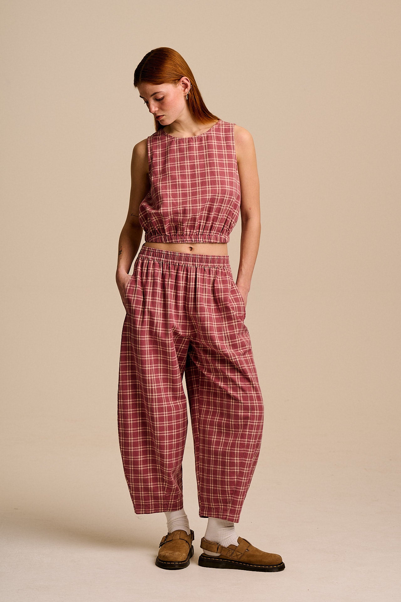 Obregon - Cotton Barrel Leg Trousers in Maroon Deco Rose Check