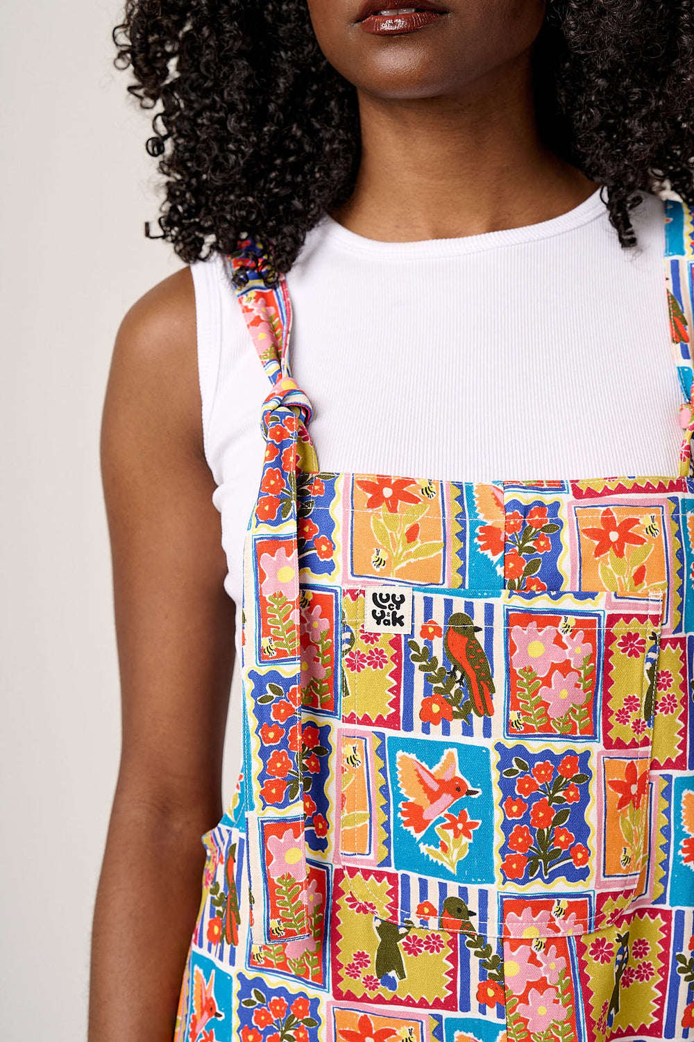 Original Shorts - Cotton Dungaree Shorts in Birds & Flowers Square Tile