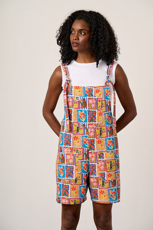 Original Shorts - Cotton Dungaree Shorts in Birds & Flowers Square Tile