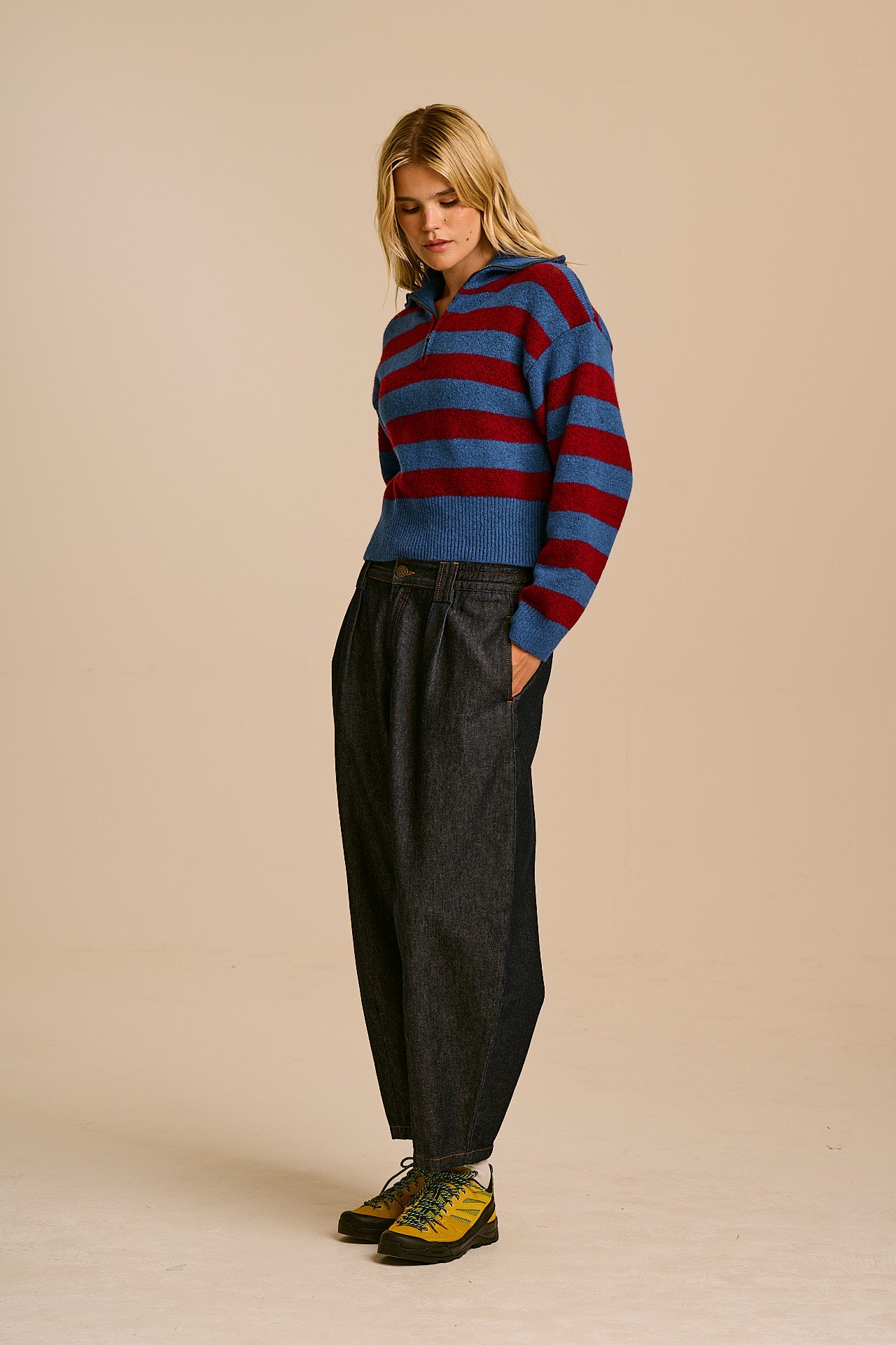 Oscar - Half Zip Jumper in Burgundy & Blue Stripe