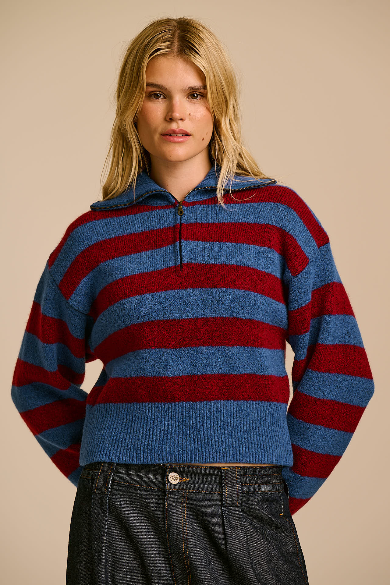 Oscar - Half Zip Jumper in Burgundy & Blue Stripe