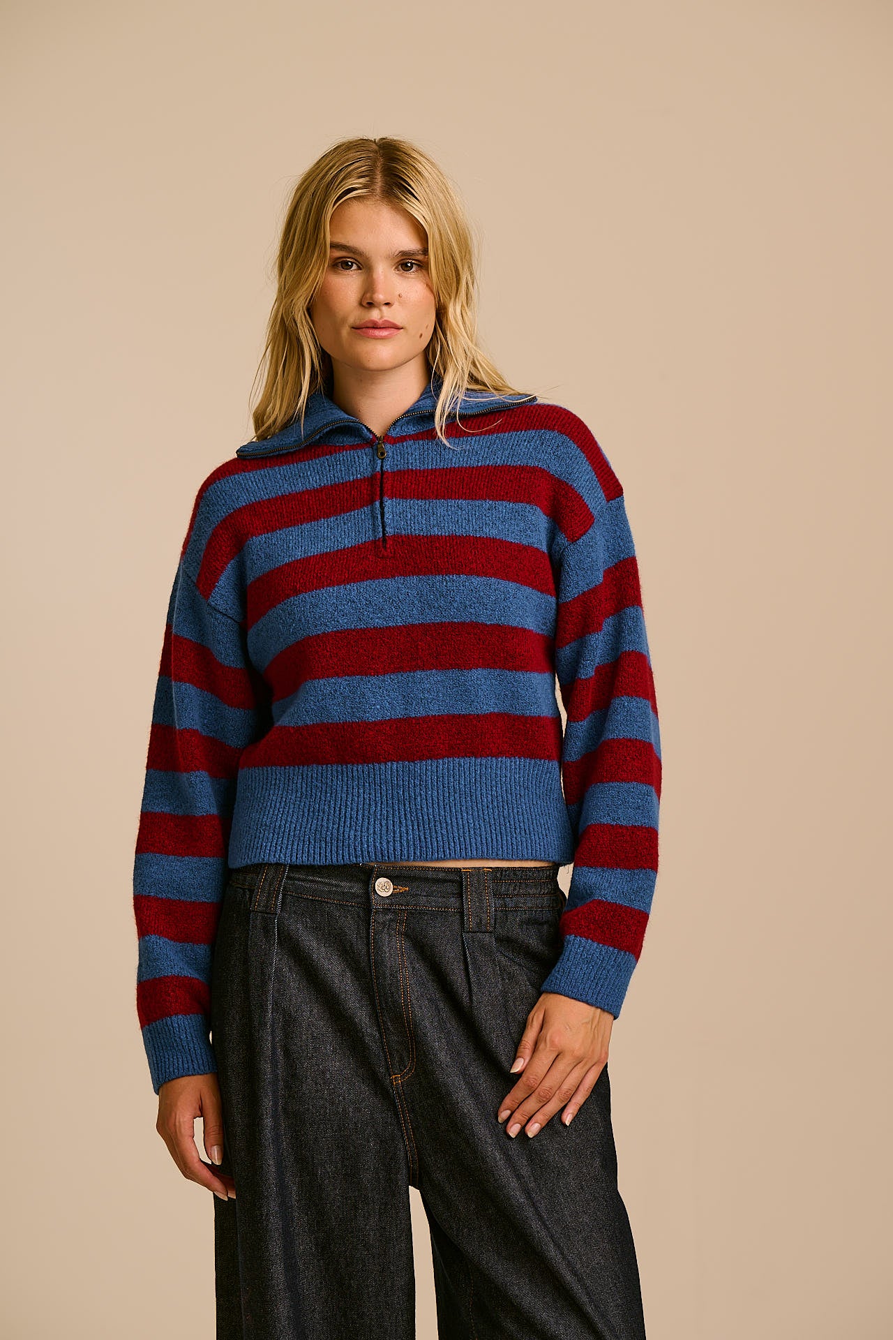 Oscar - Half Zip Jumper in Burgundy & Blue Stripe