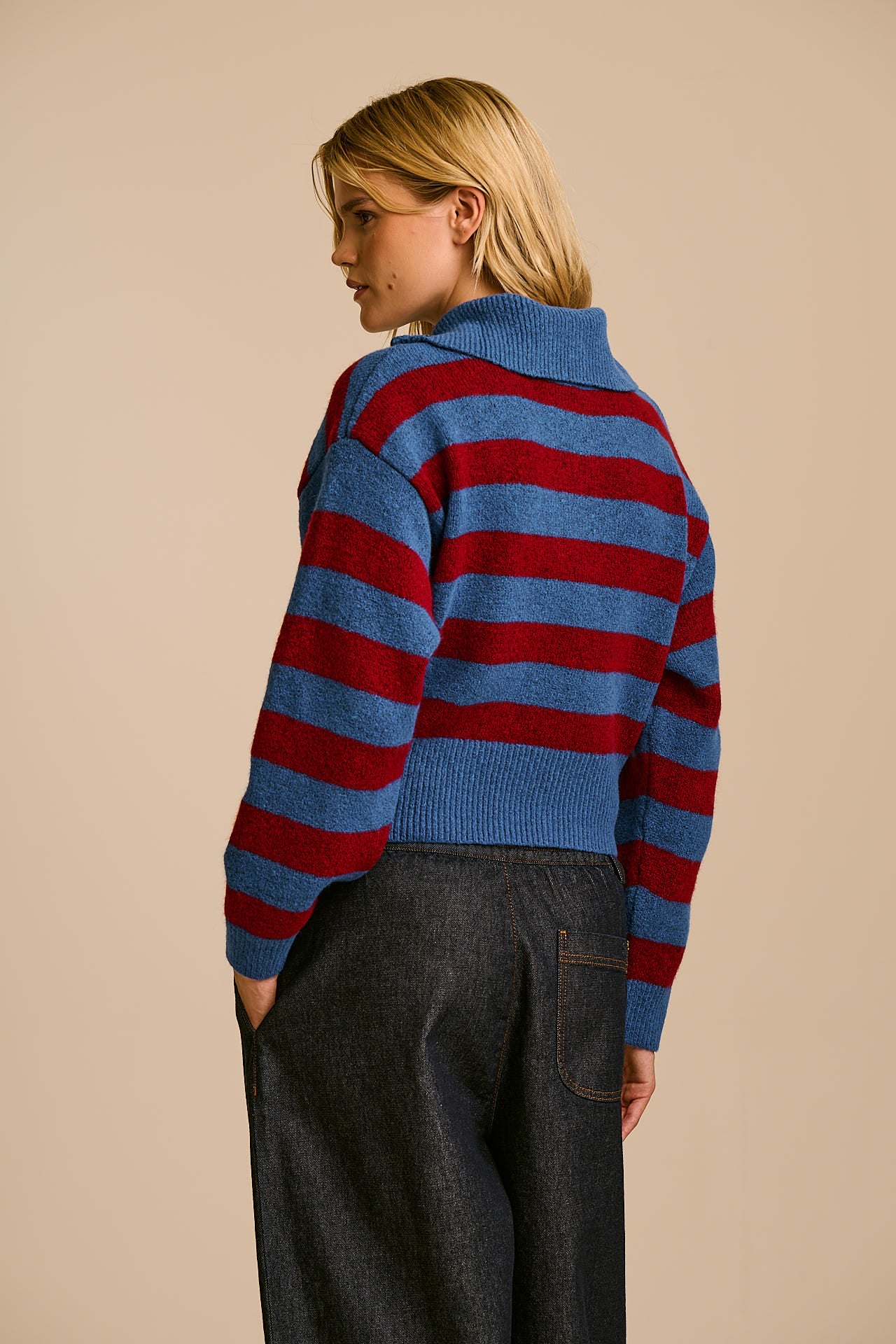 Oscar - Half Zip Jumper in Burgundy & Blue Stripe