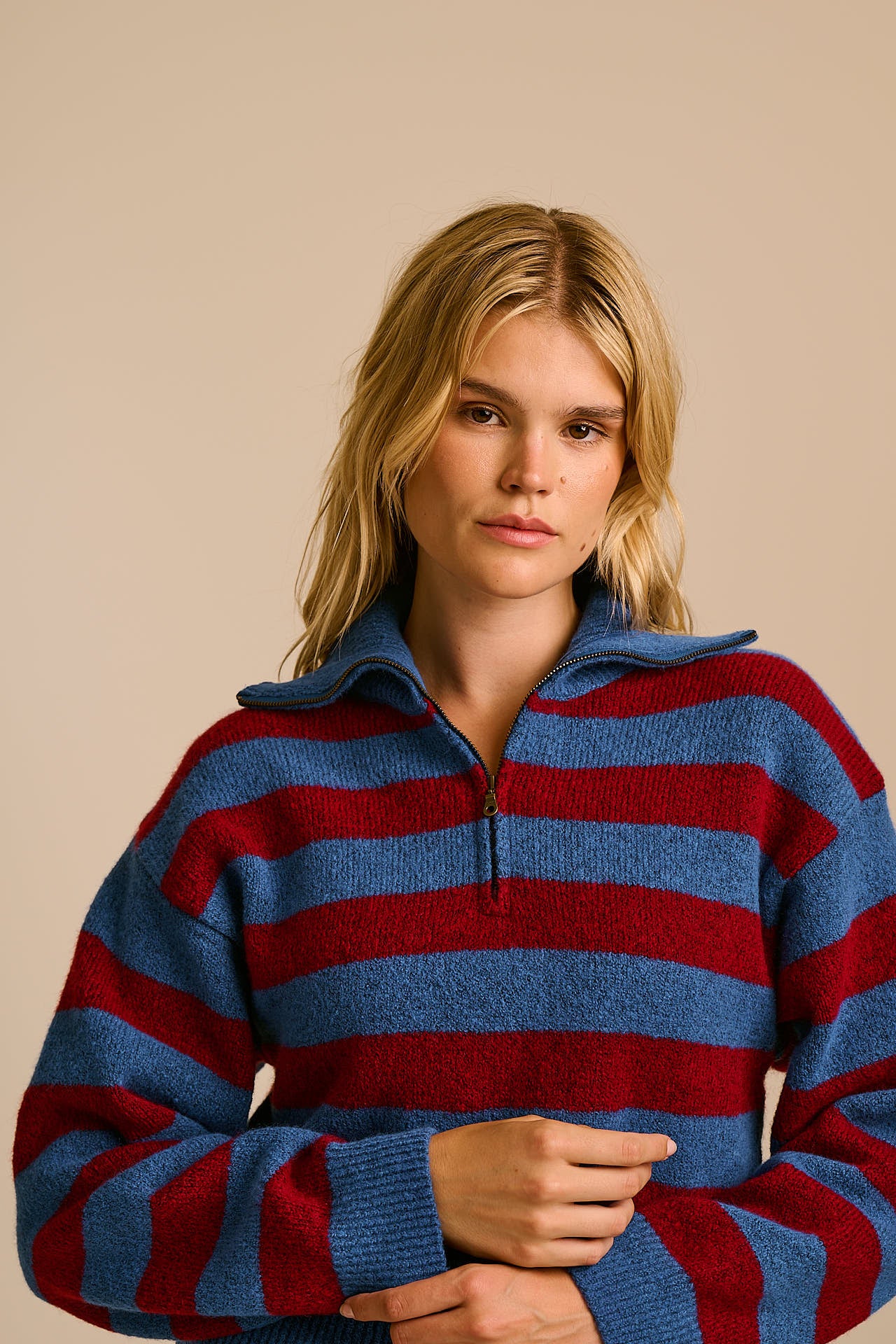 Oscar - Half Zip Jumper in Burgundy & Blue Stripe