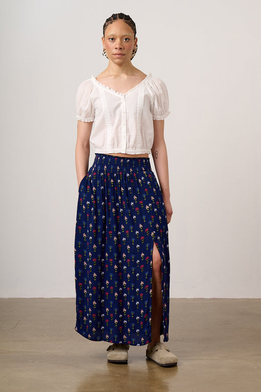 Poppy - Elasticated Waist Skirt in Navy Tulips Print
