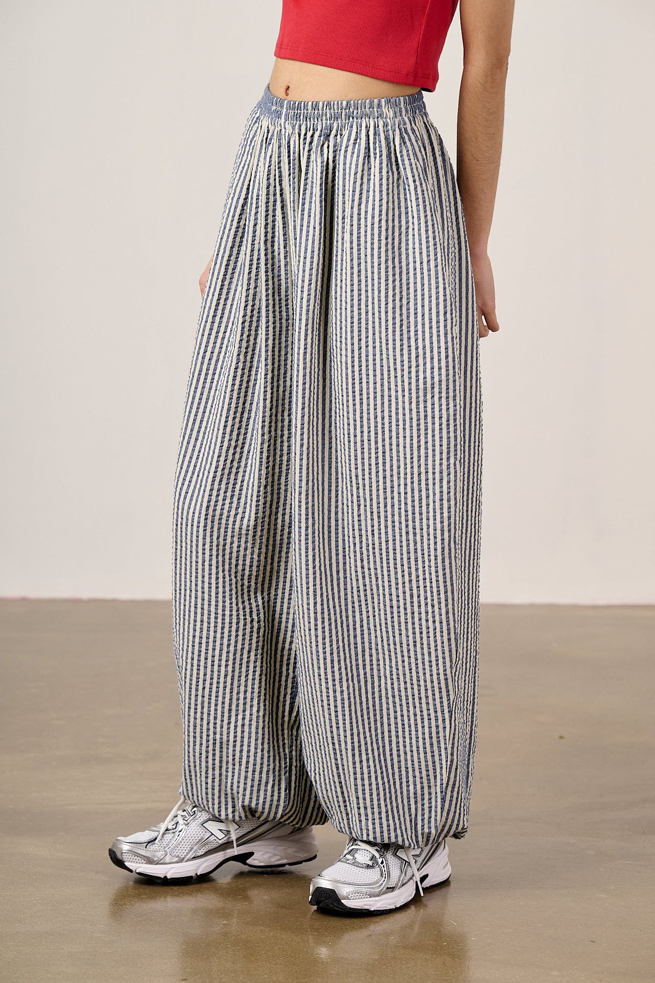 Renata - Cuffed Cotton Balloon Leg Trousers in Blue & White Stripe