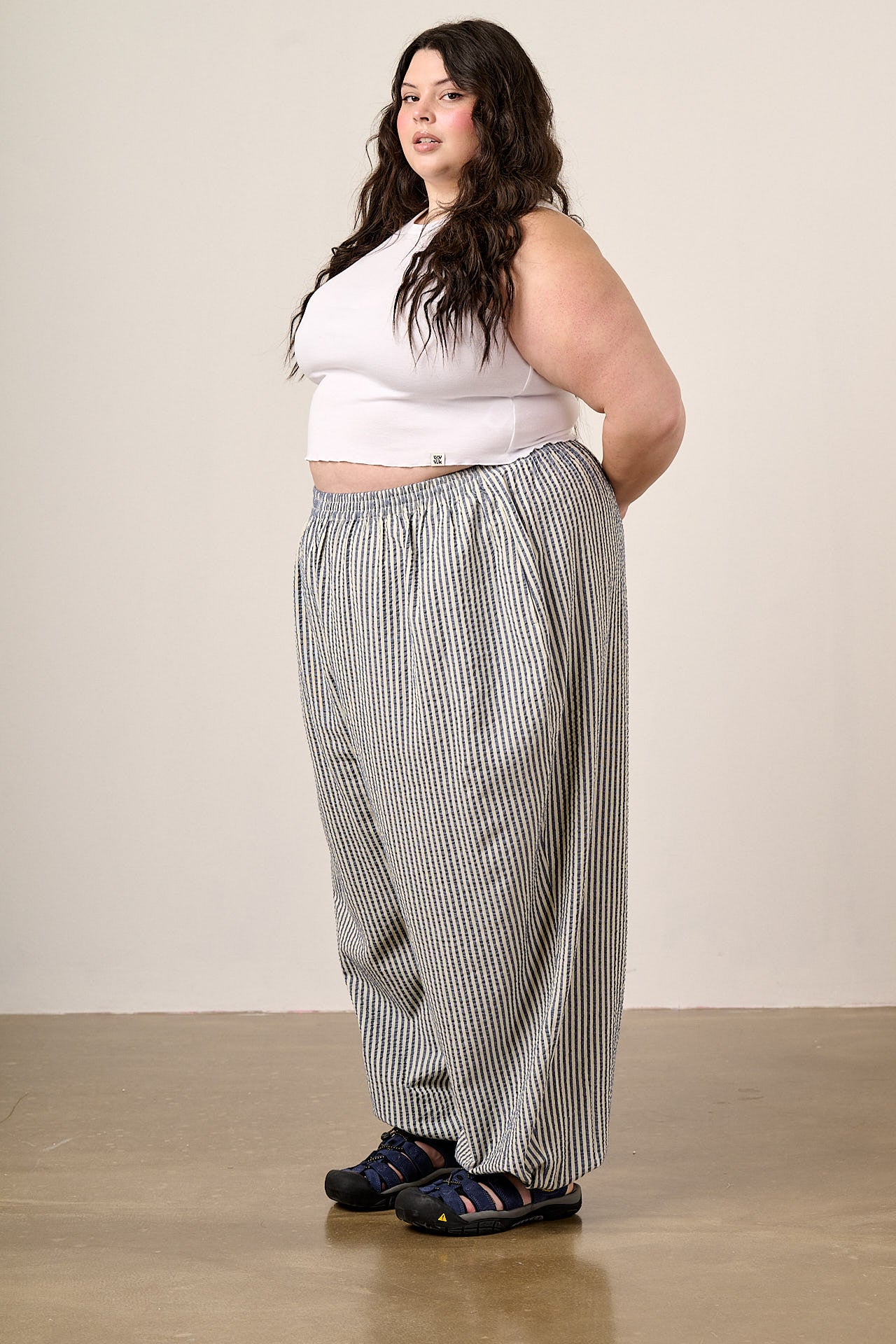Renata - Cuffed Cotton Balloon Leg Trousers in Blue & White Stripe