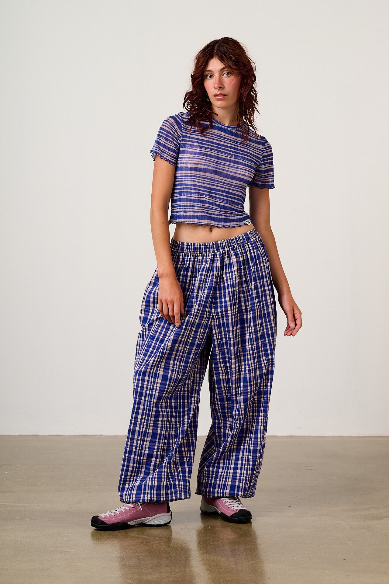 Renata - Cuffed Cotton Balloon Leg Trousers in Blue Crayon Print