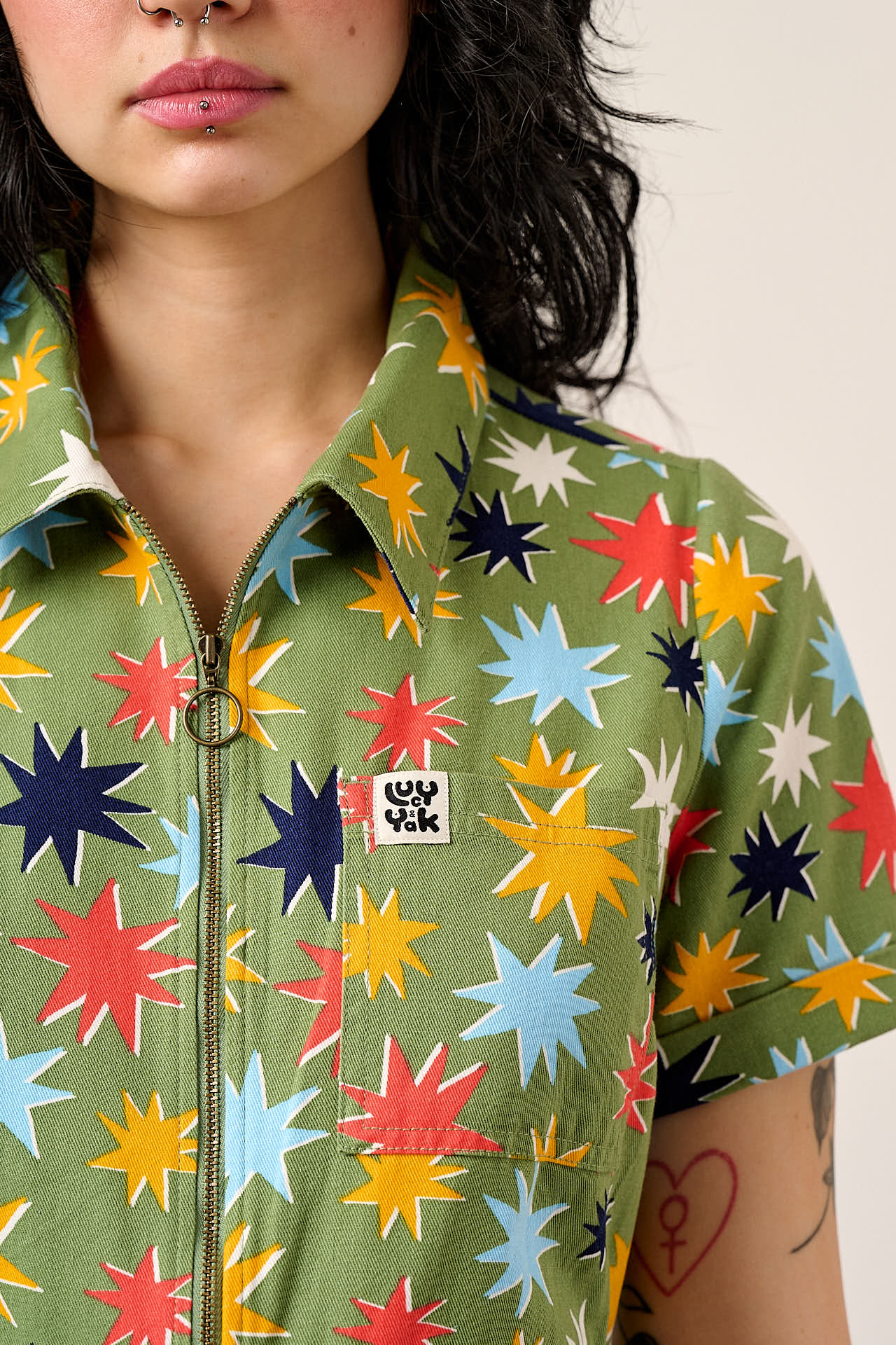 Riley - Cotton Playsuit in Green Cosmic Folk Stars