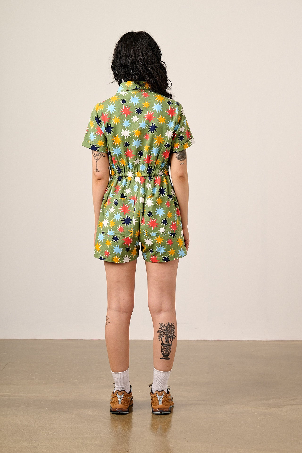 Riley - Cotton Playsuit in Green Cosmic Folk Stars