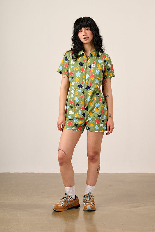 Riley - Cotton Playsuit in Green Cosmic Folk Stars
