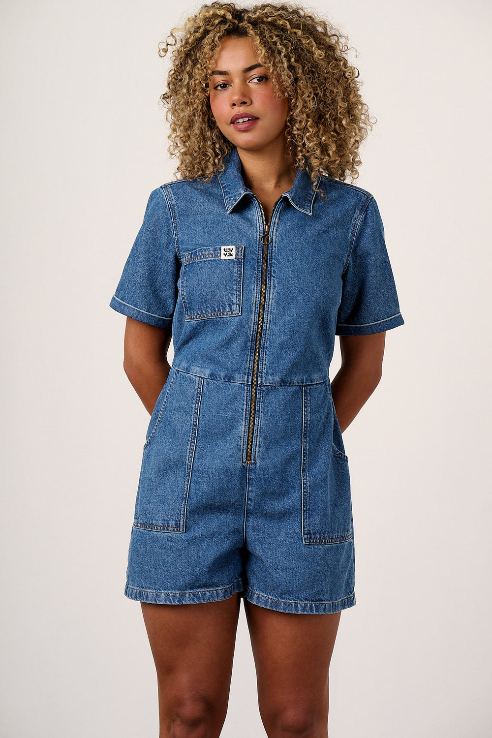 Riley - Denim Playsuit in Mid Wash Blue