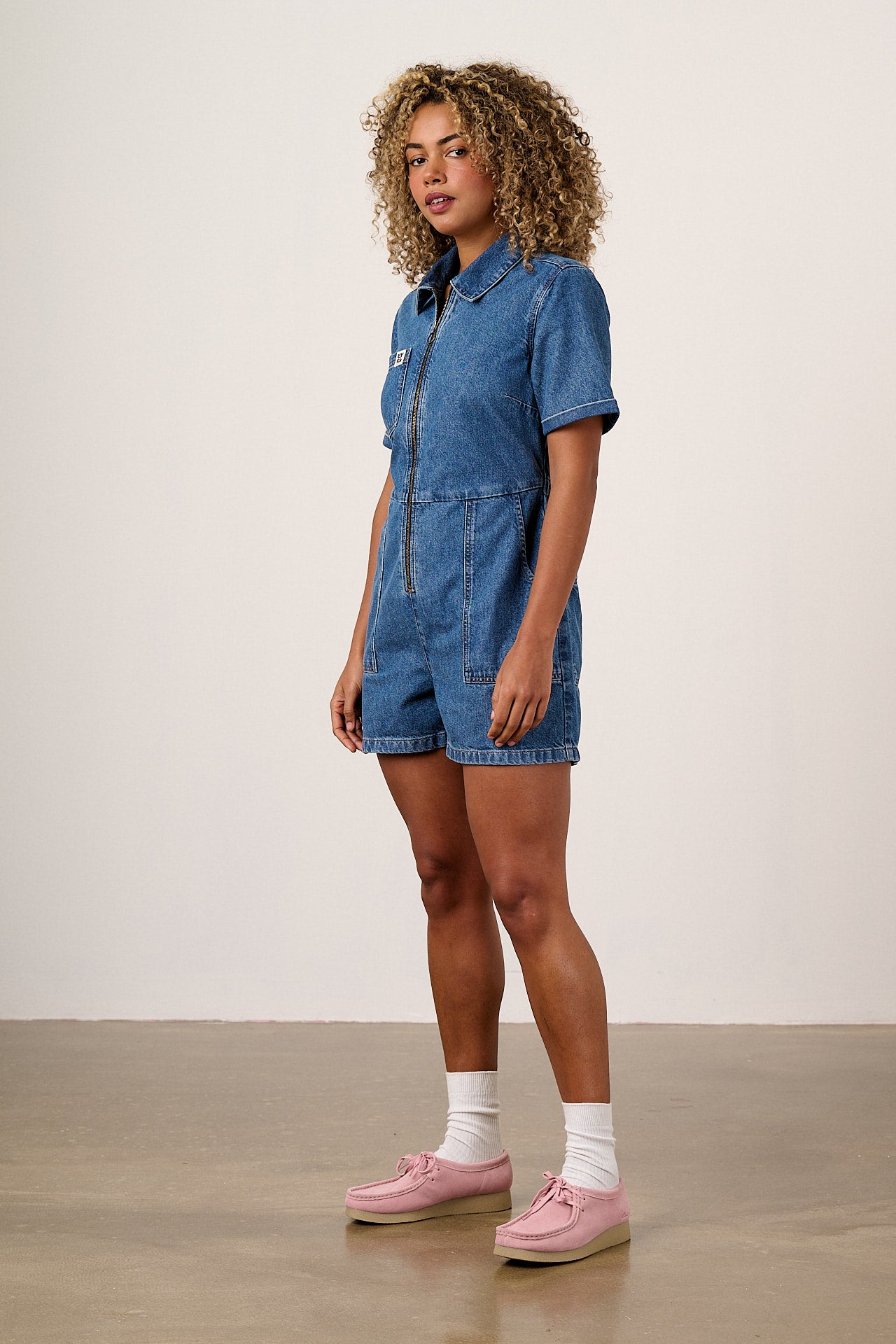 Riley - Denim Playsuit in Mid Wash Blue