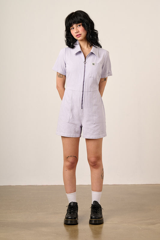 Riley - Cotton Playsuit in Lilac Hickory Stripe