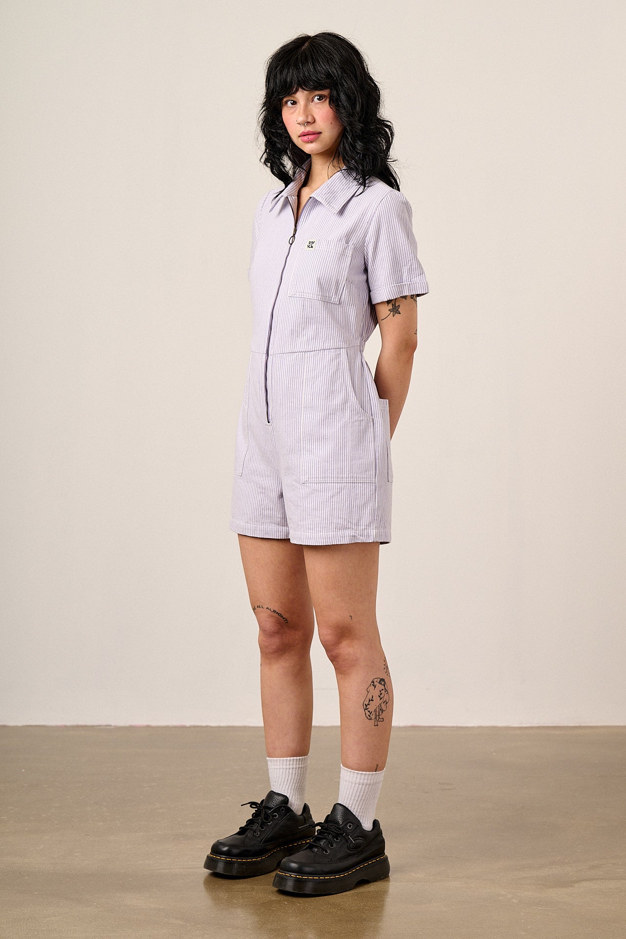 Riley - Cotton Playsuit in Lilac Hickory Stripe