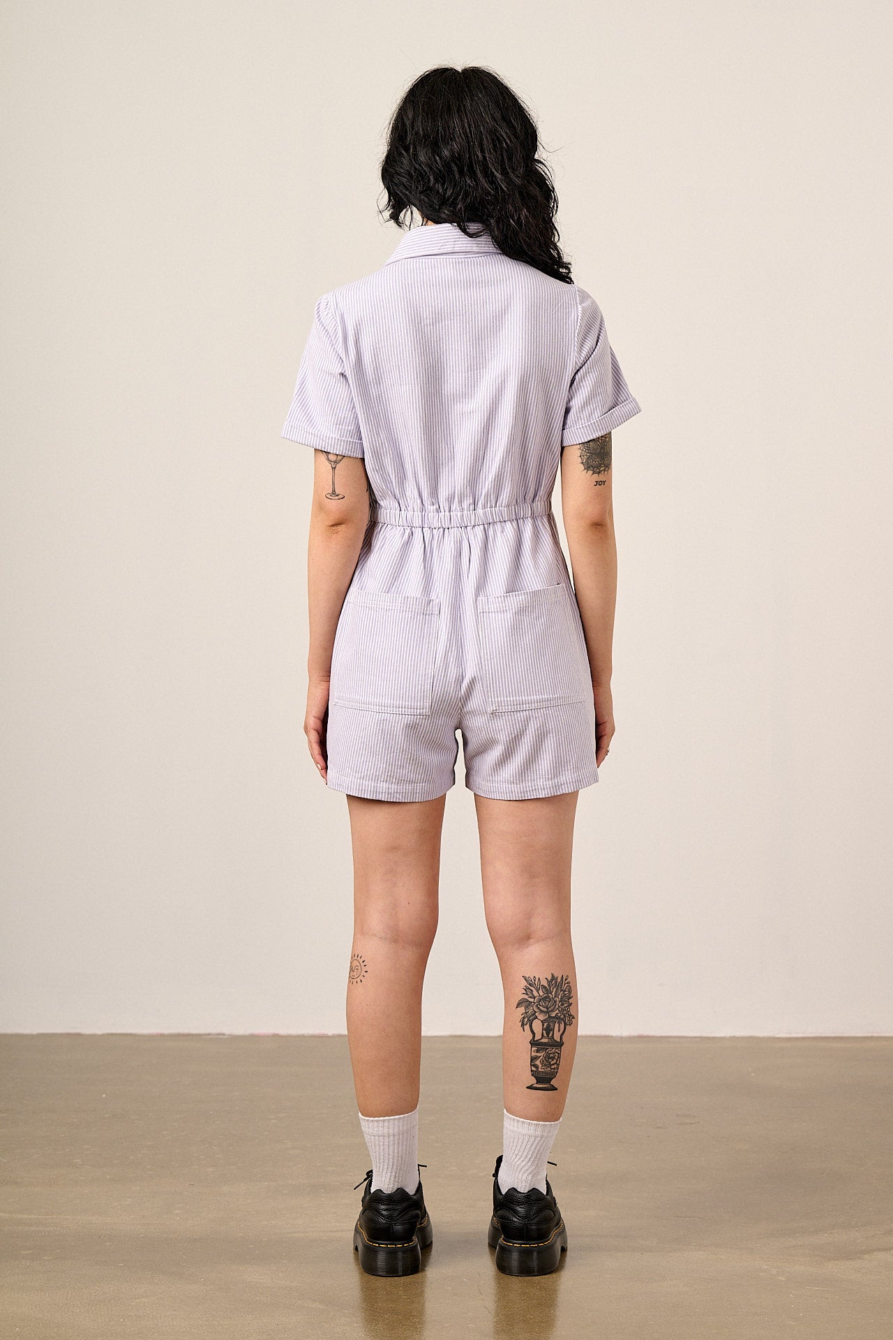 Riley - Cotton Playsuit in Lilac Hickory Stripe