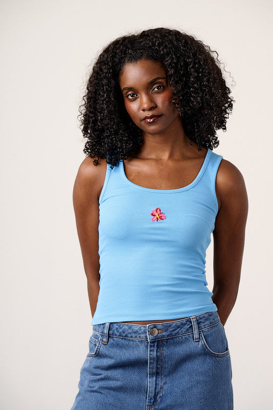 Romy  - Cotton Scoop Vest in Blue with Flower Embroidery