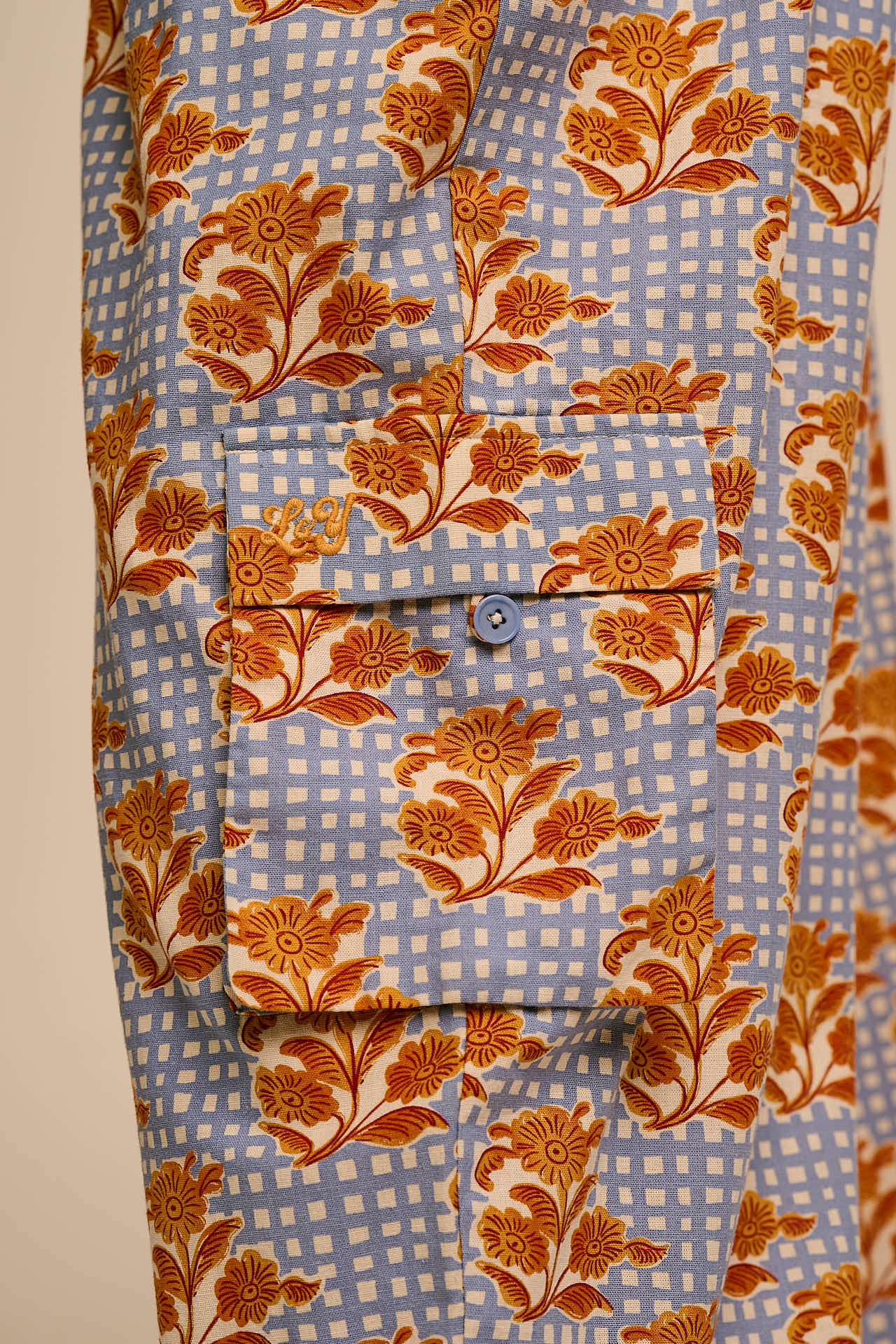 Rumi - Wide Leg Cotton & Linen Trouser in Checkered Floral Blooms