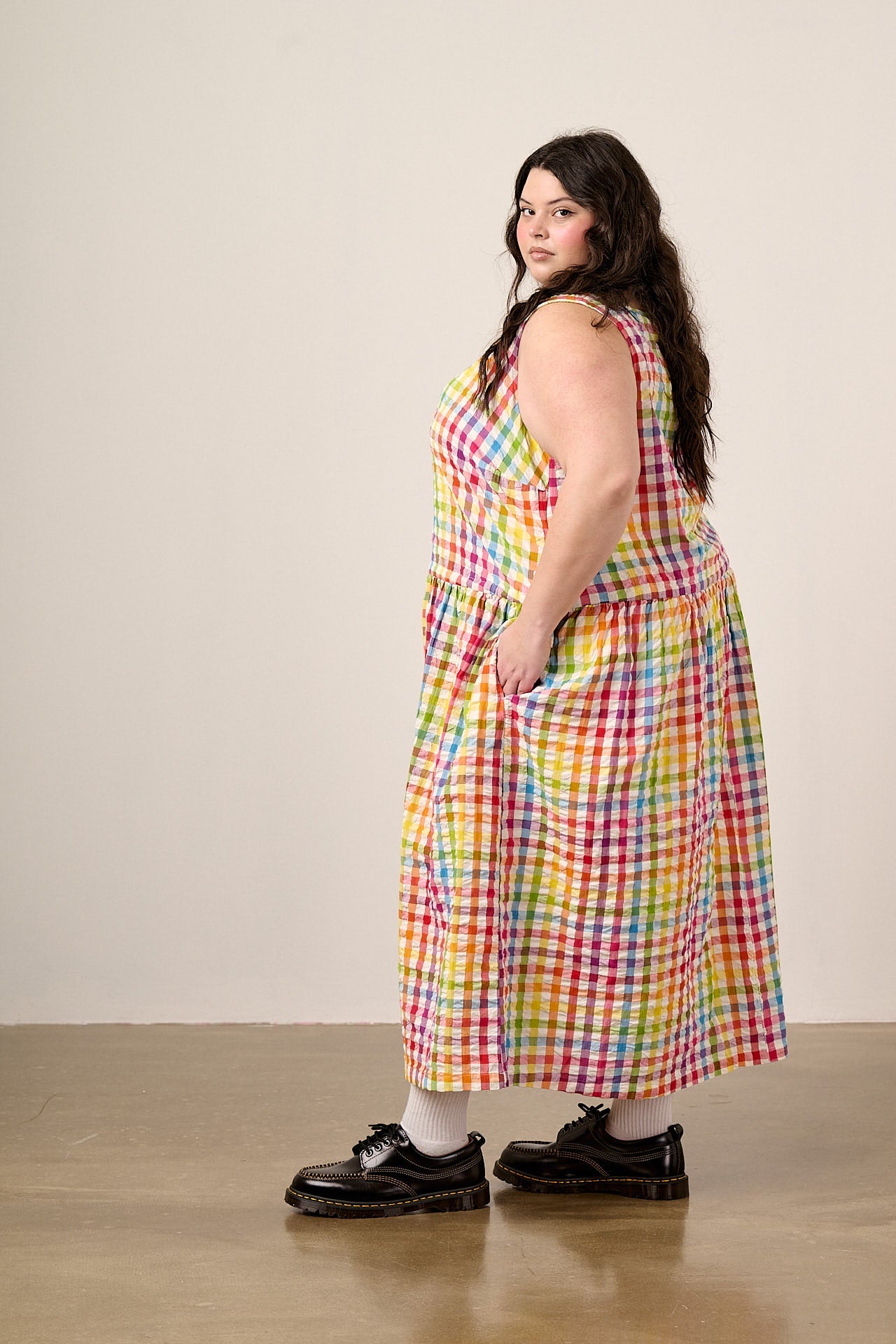 Sacha - Cotton Midi Dress in Rainbow Check