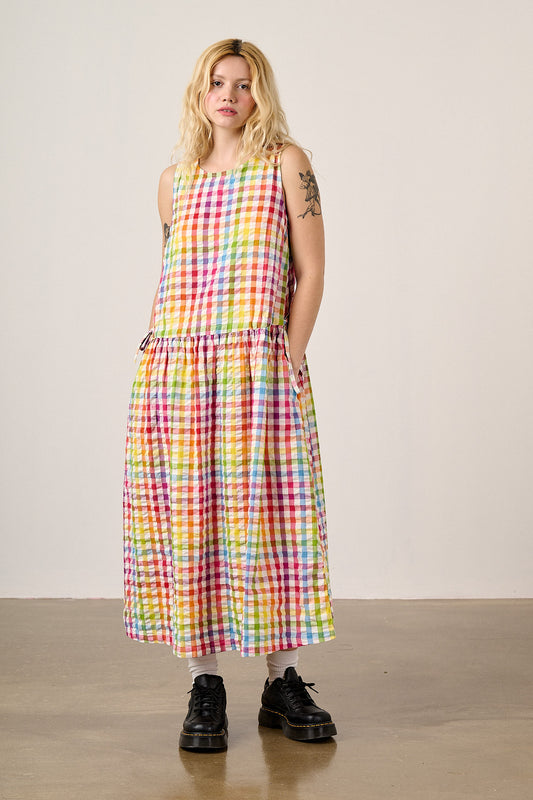 Sacha - Cotton Midi Dress in Rainbow Check