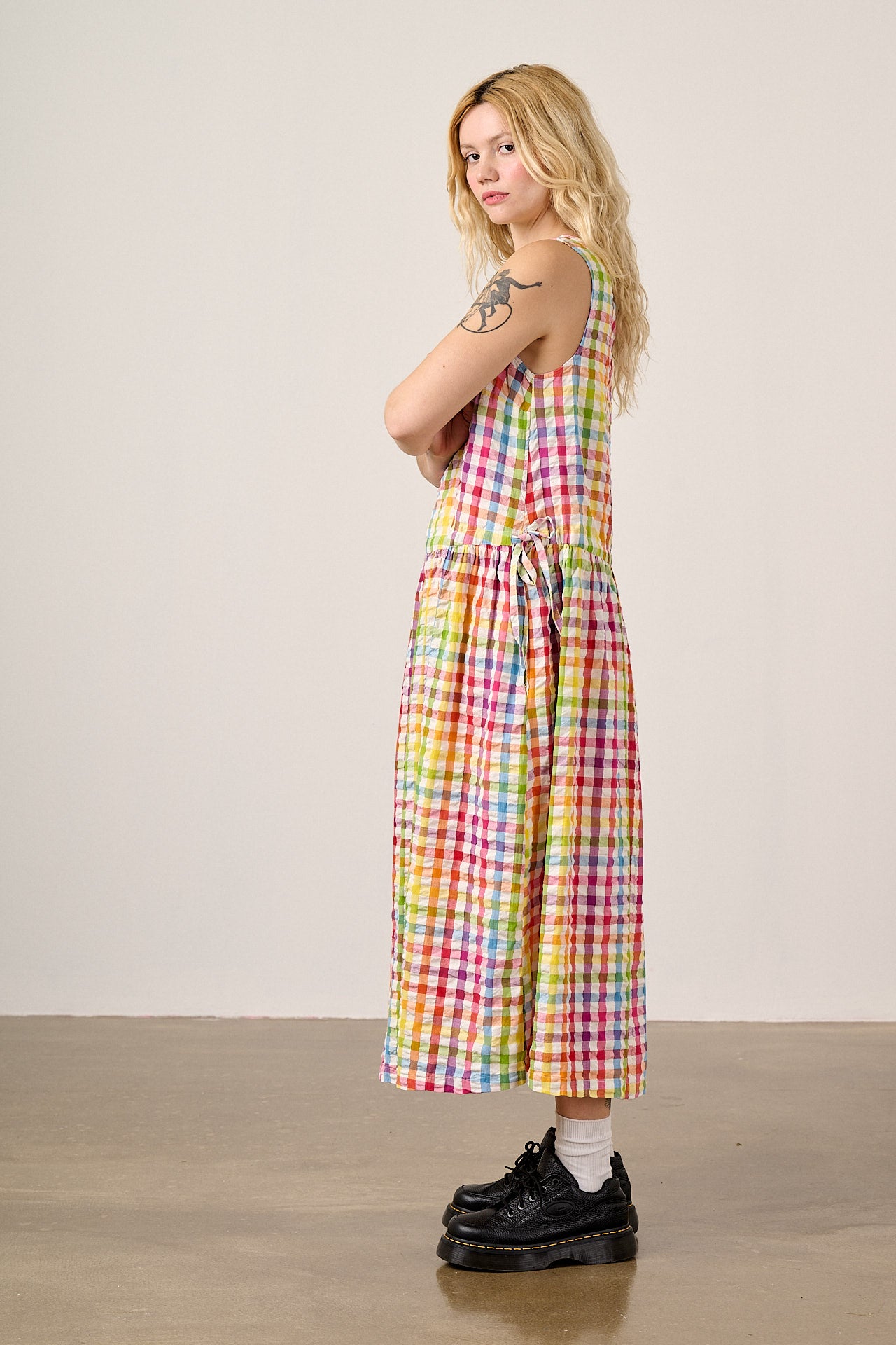 Sacha - Cotton Midi Dress in Rainbow Check