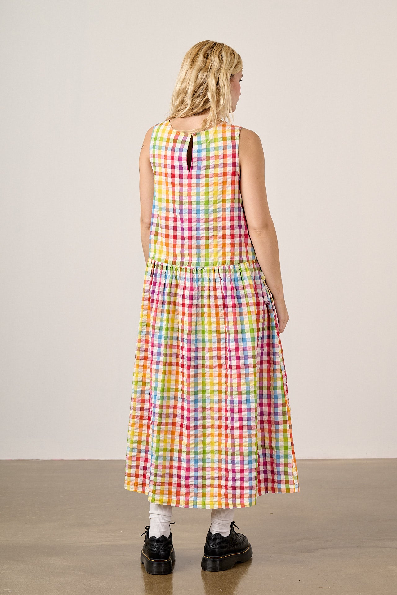Sacha - Cotton Midi Dress in Rainbow Check