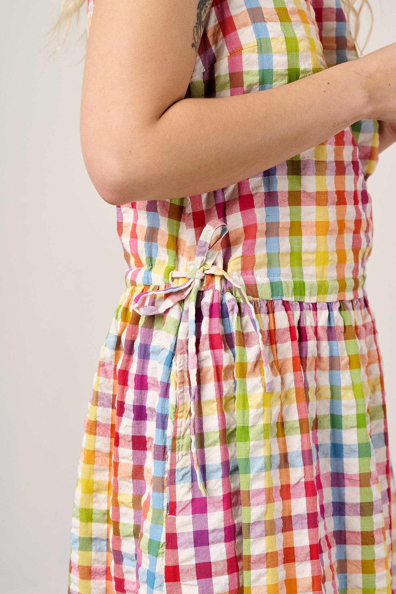 Sacha - Cotton Midi Dress in Rainbow Check