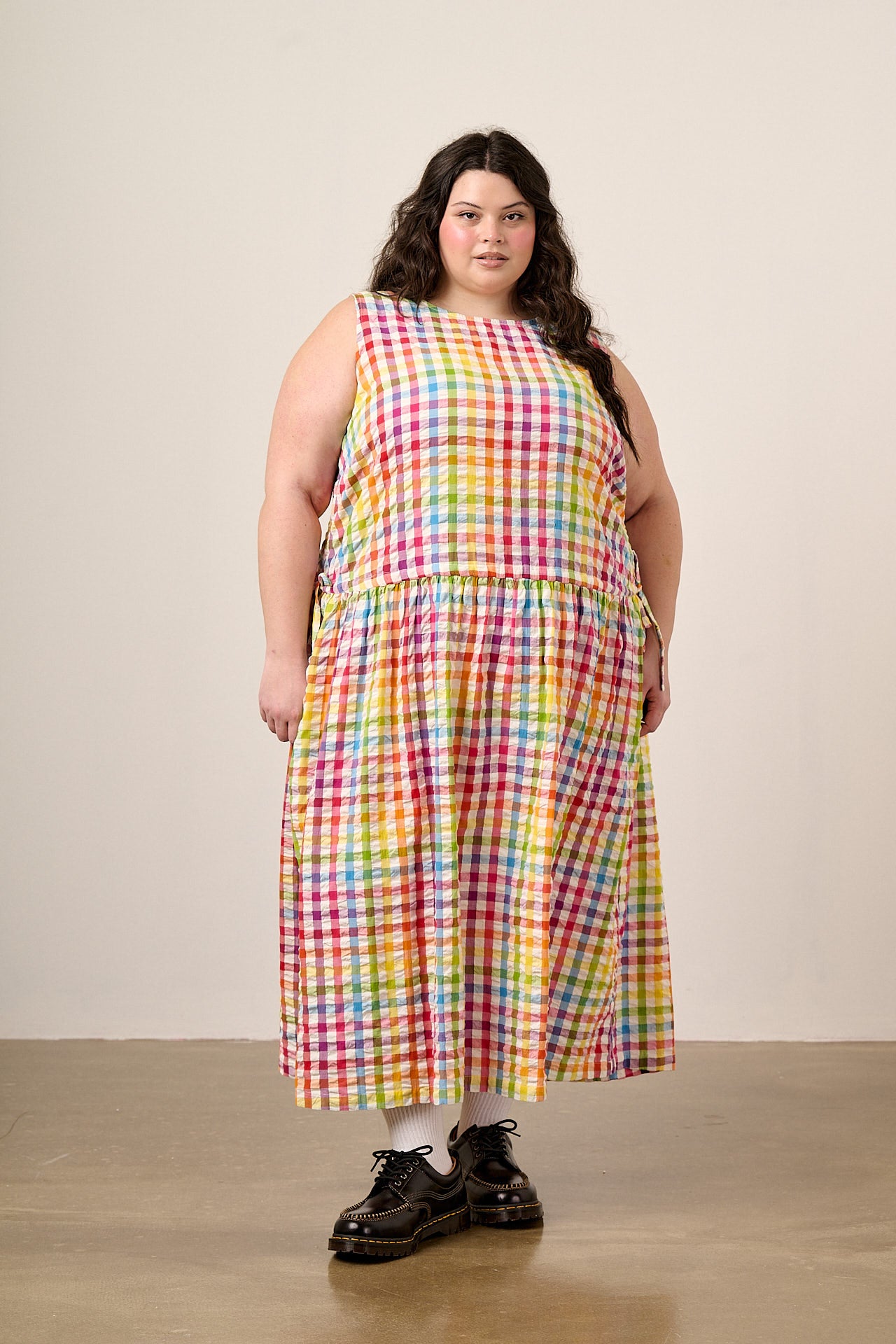 Sacha - Cotton Midi Dress in Rainbow Check