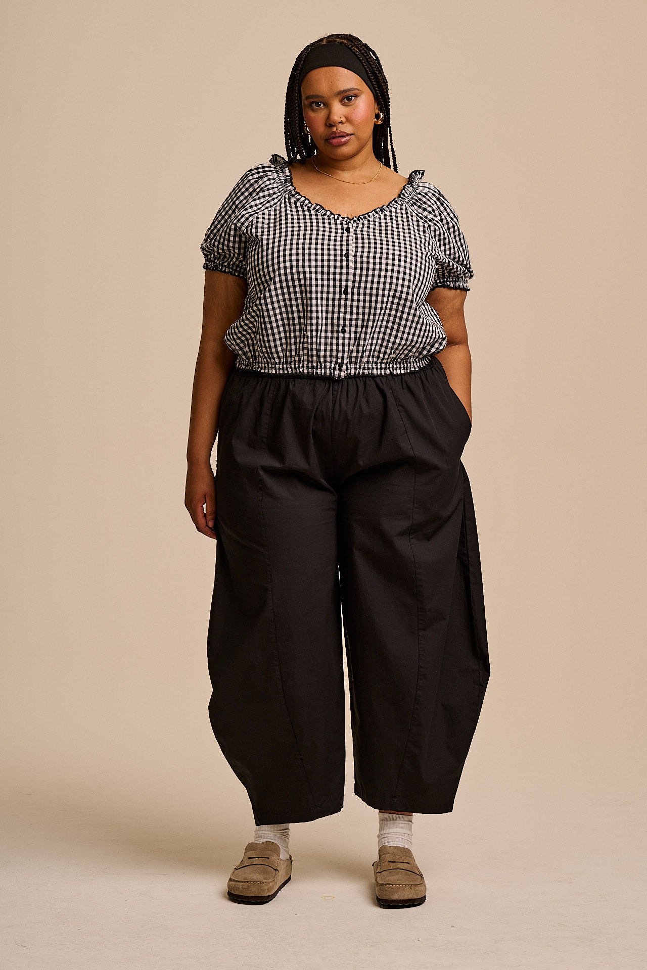 Sage - Cotton Puff Sleeve Blouse in Black & White Gingham