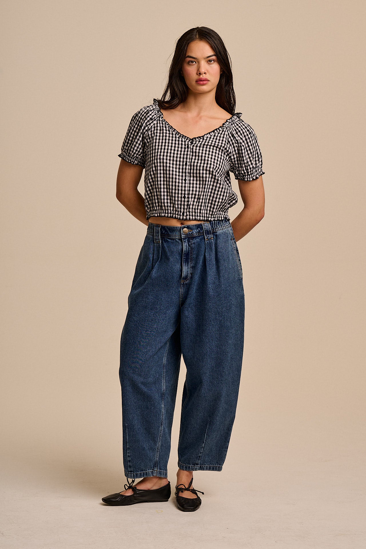 Sage - Cotton Puff Sleeve Blouse in Black & White Gingham