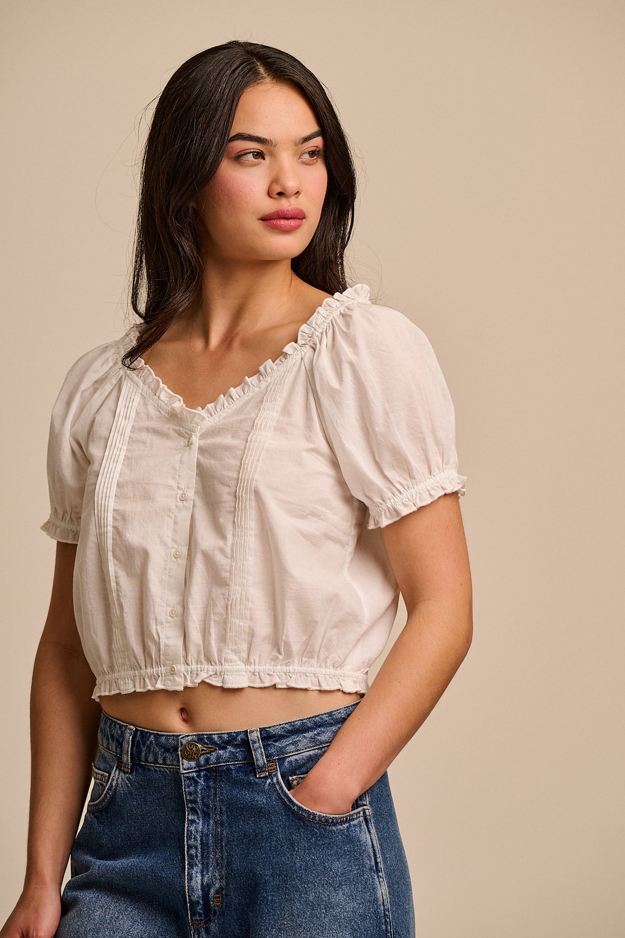 Sage - Cotton Puff Sleeve Blouse in White