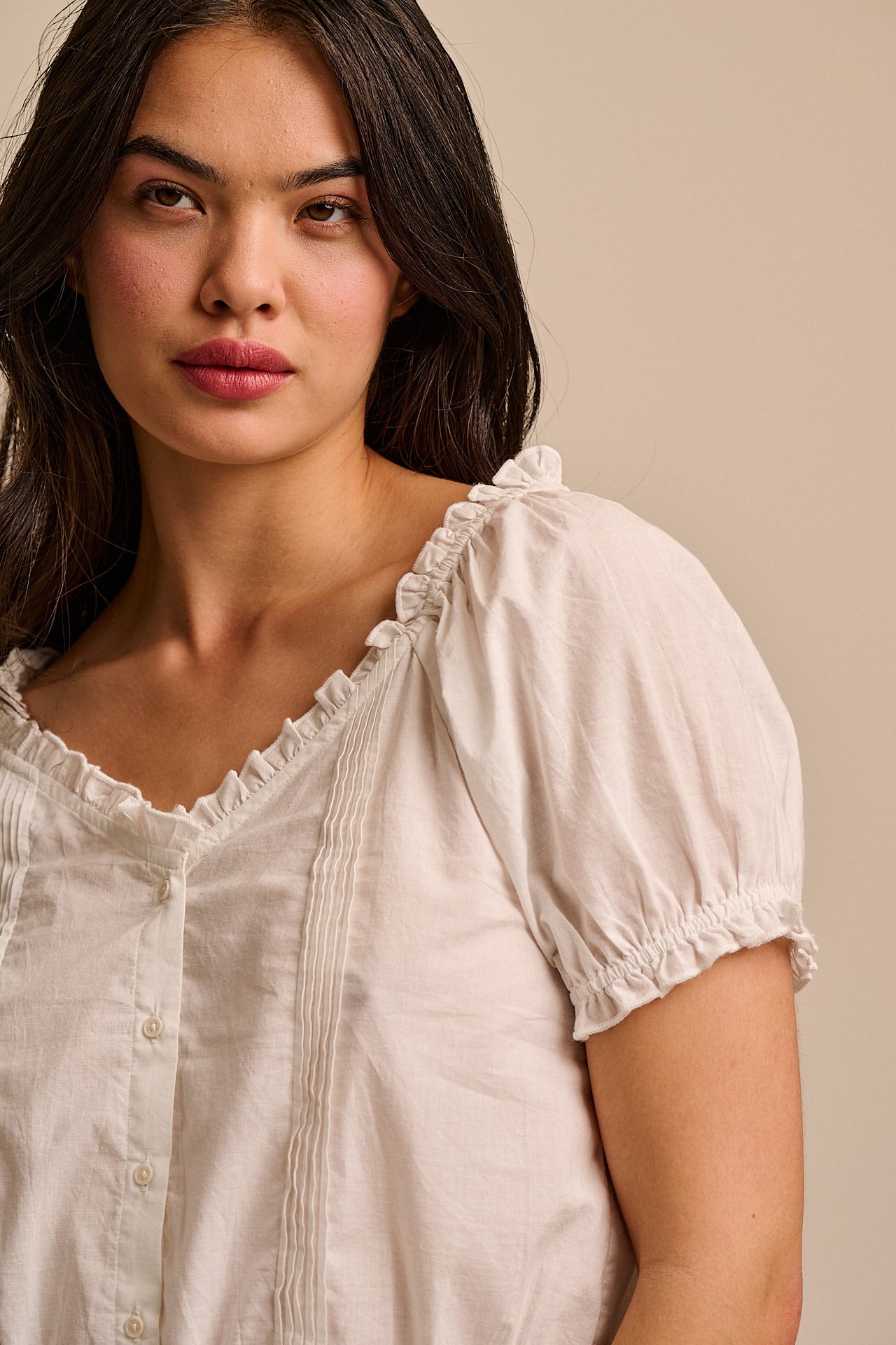 Sage - Cotton Puff Sleeve Blouse in White