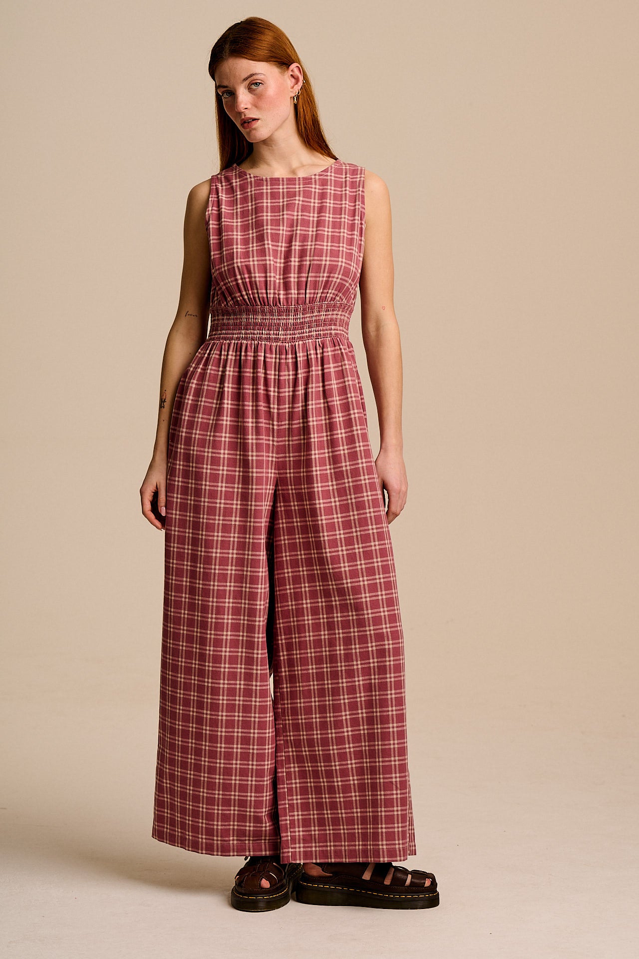Simone - Cotton & Linen Jumpsuit in Maroon Deco Rose Check