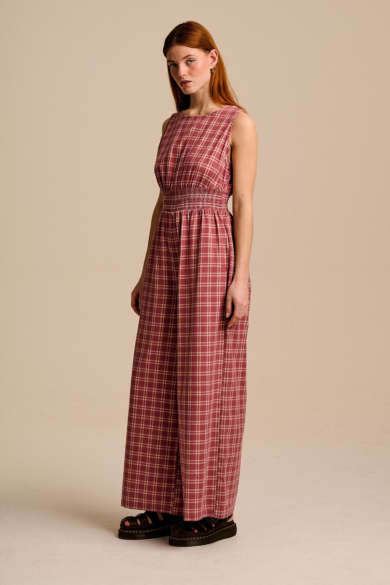 Simone - Cotton & Linen Jumpsuit in Maroon Deco Rose Check