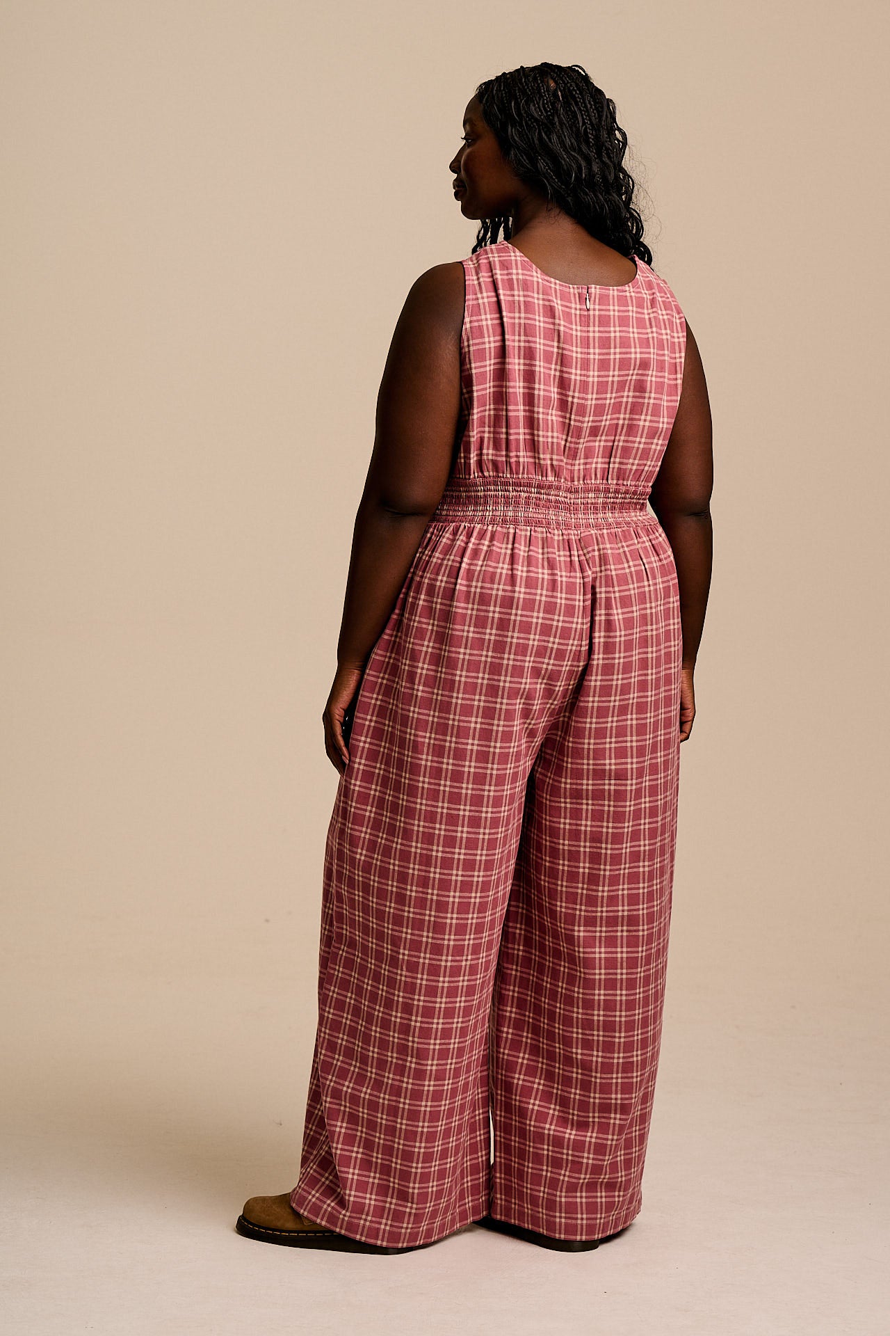 Simone - Cotton & Linen Jumpsuit in Maroon Deco Rose Check