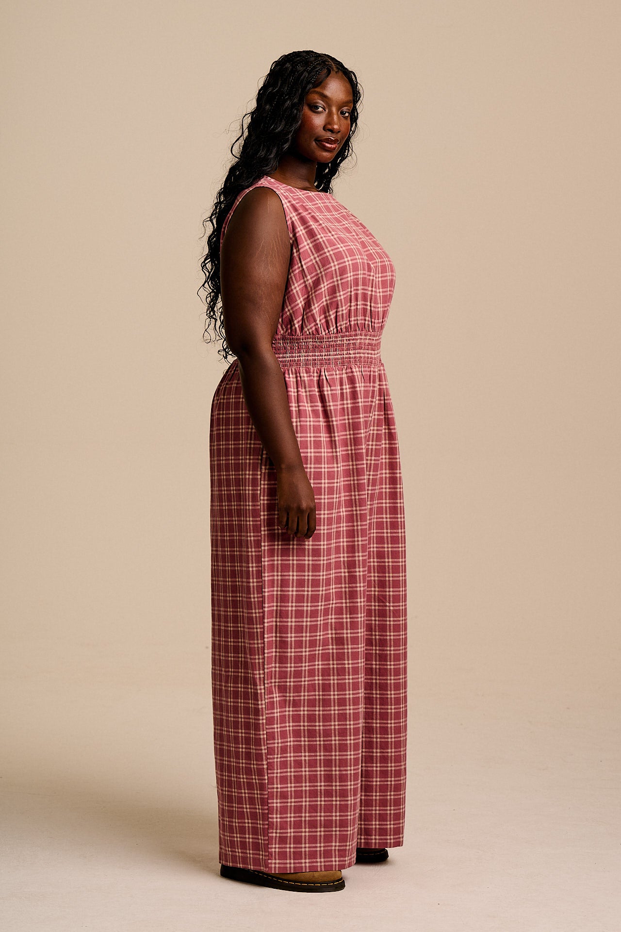 Simone - Cotton & Linen Jumpsuit in Maroon Deco Rose Check