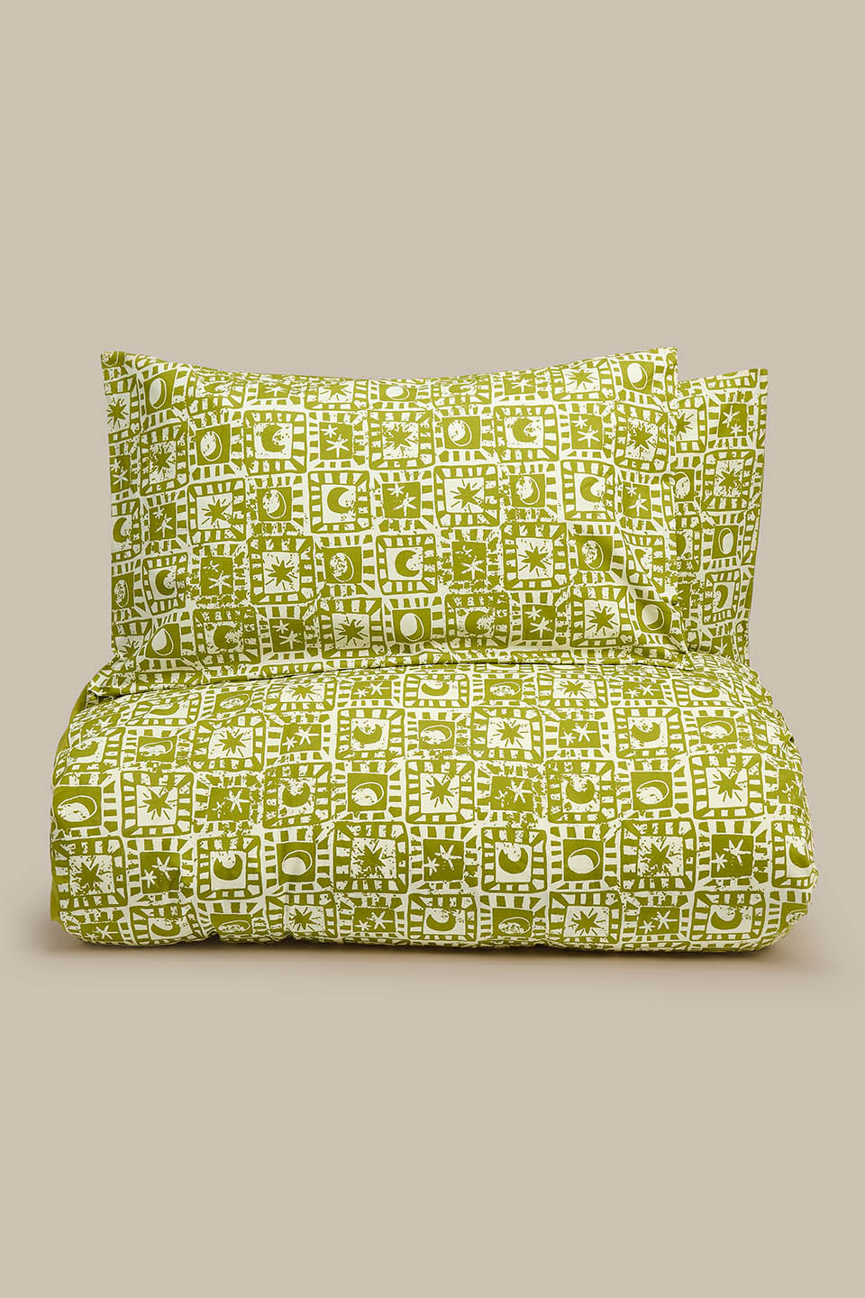 Yolanda - Soft Cotton Duvet Cover Set in Green Celestial Checkerboard