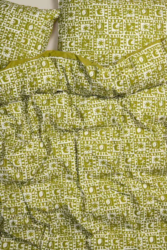 Yolanda - Soft Cotton Duvet Cover Set in Green Celestial Checkerboard