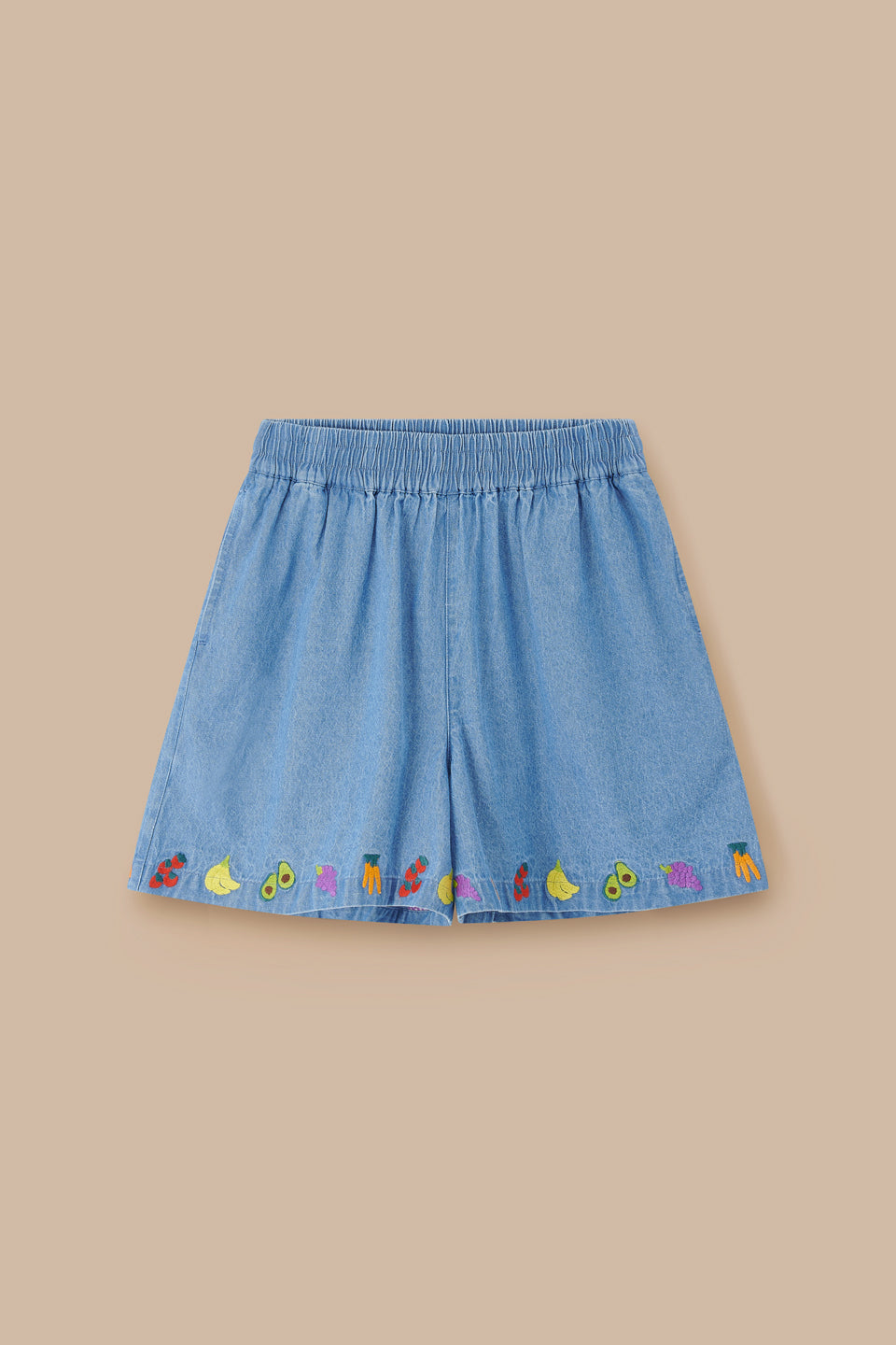 Charlie - Cotton Shorts in Light Blue with Veg Embroidery
