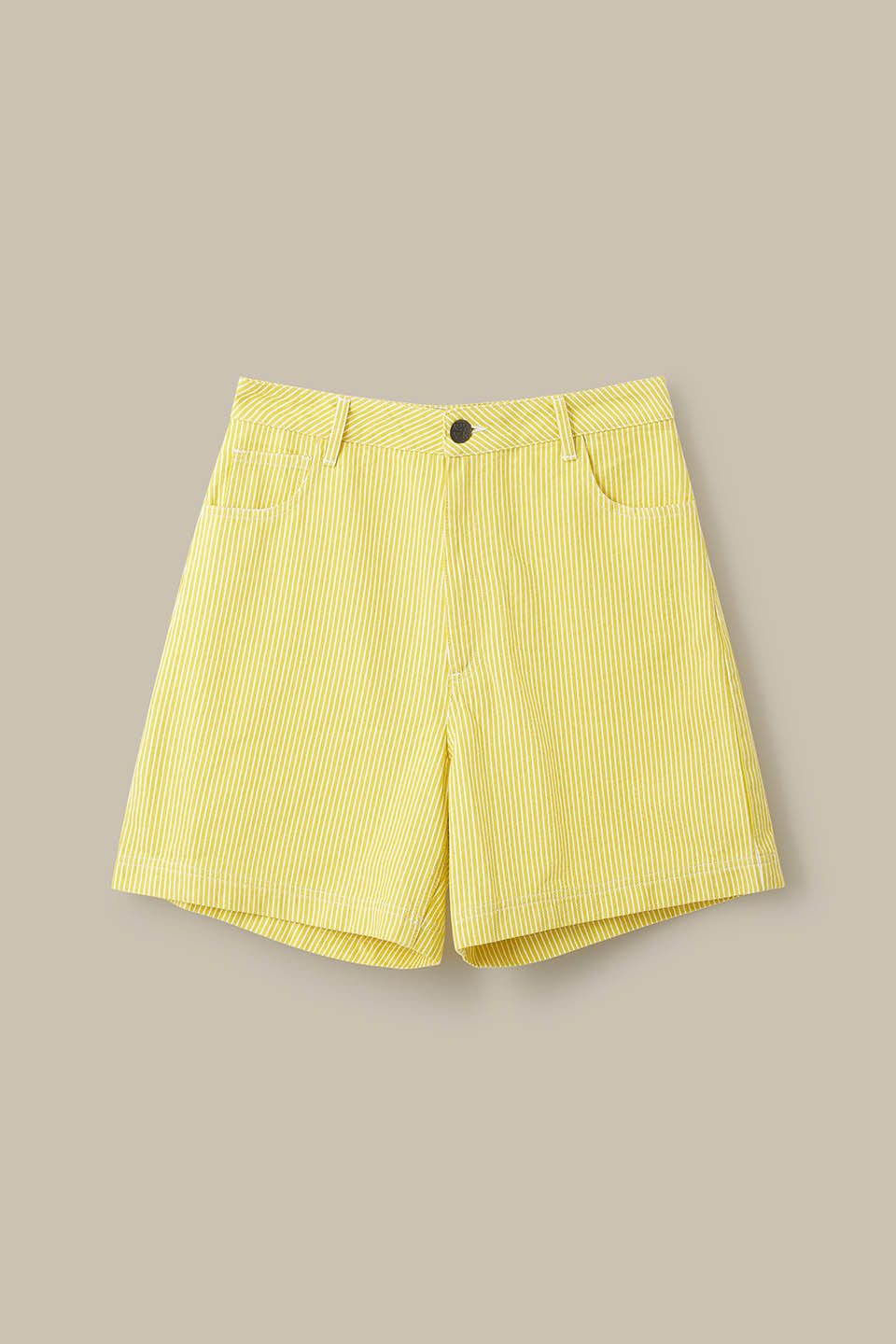 Lexi -  High Waist Cotton Shorts in Lemon Hickory Stripe