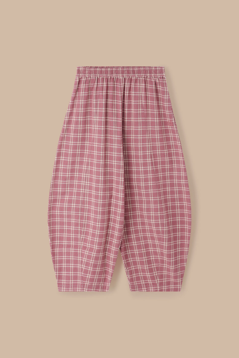 Obregon - Cotton Barrel Leg Trousers in Maroon Deco Rose Check