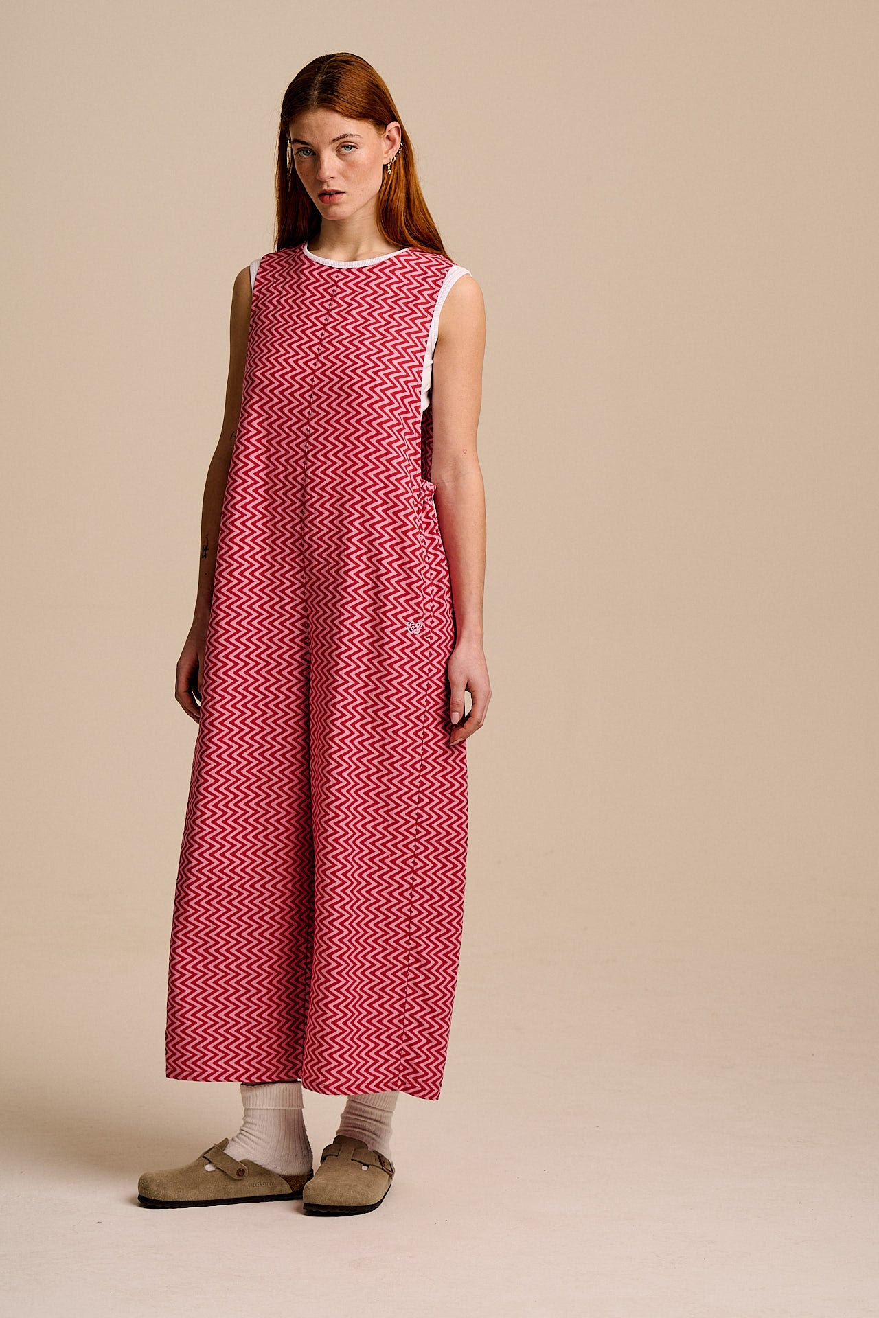 Tilda - Cotton & Viscose Wide Leg Jumpsuit in Pink Zig Zag